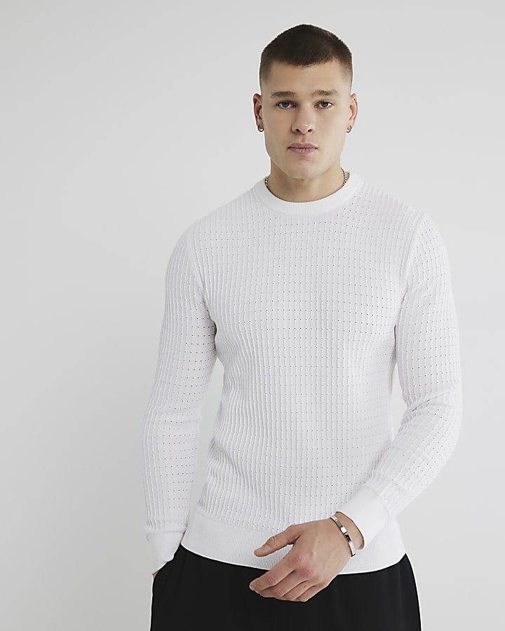 White Muscle Fit Textured Jumper