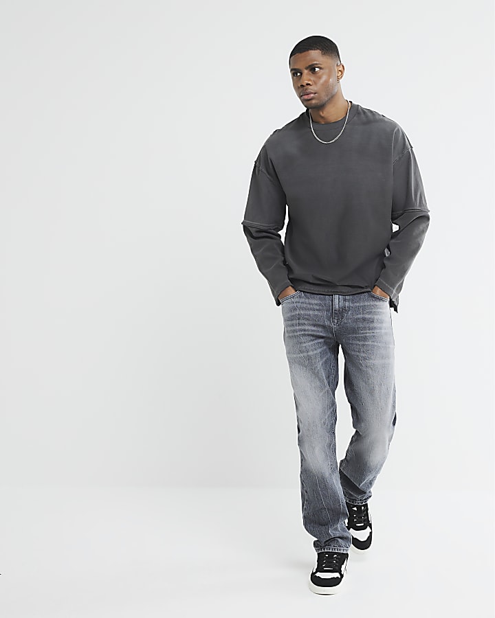 Grey Denim Straight Fit Jeans