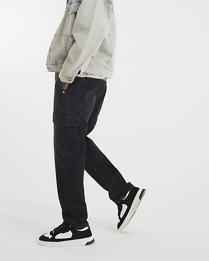 Black Denim Cargo Relaxed Jeans