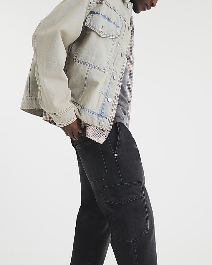 Black Denim Cargo Relaxed Jeans