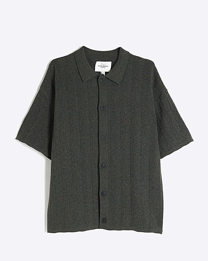 Khaki Boxy Fit Ribbed Boucle Shirt