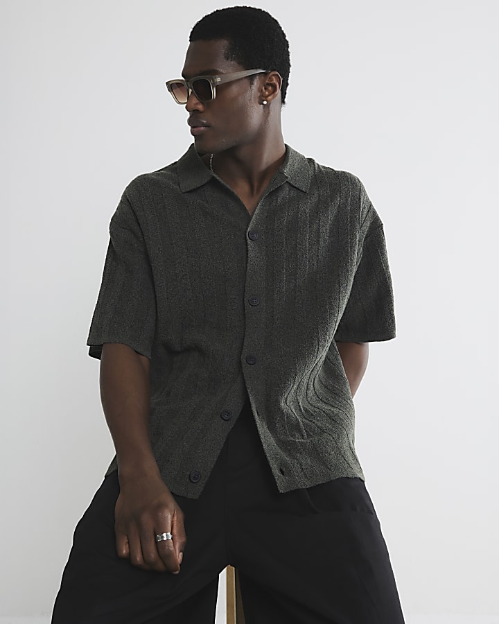 Khaki Boxy Fit Ribbed Boucle Shirt