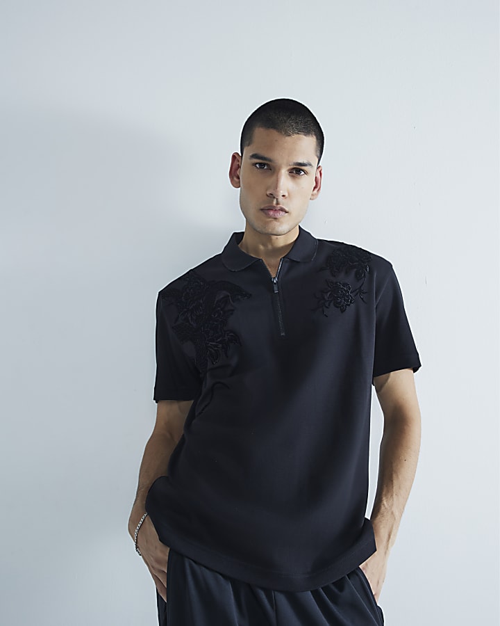 Black Slim Fit Snake Embroidery Polo Shirt