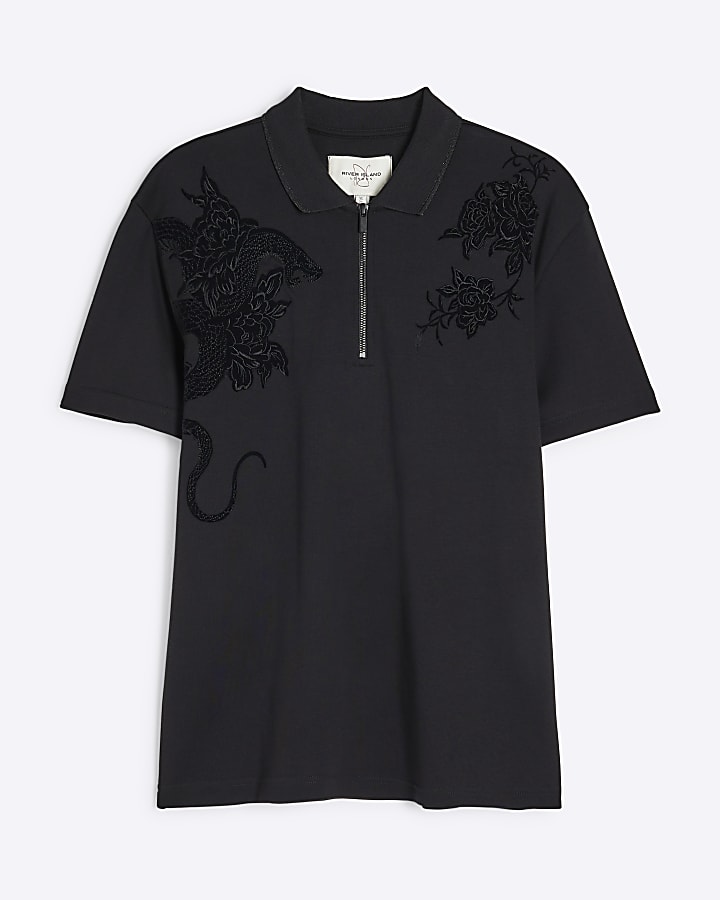 Black Slim Fit Snake Embroidery Polo Shirt