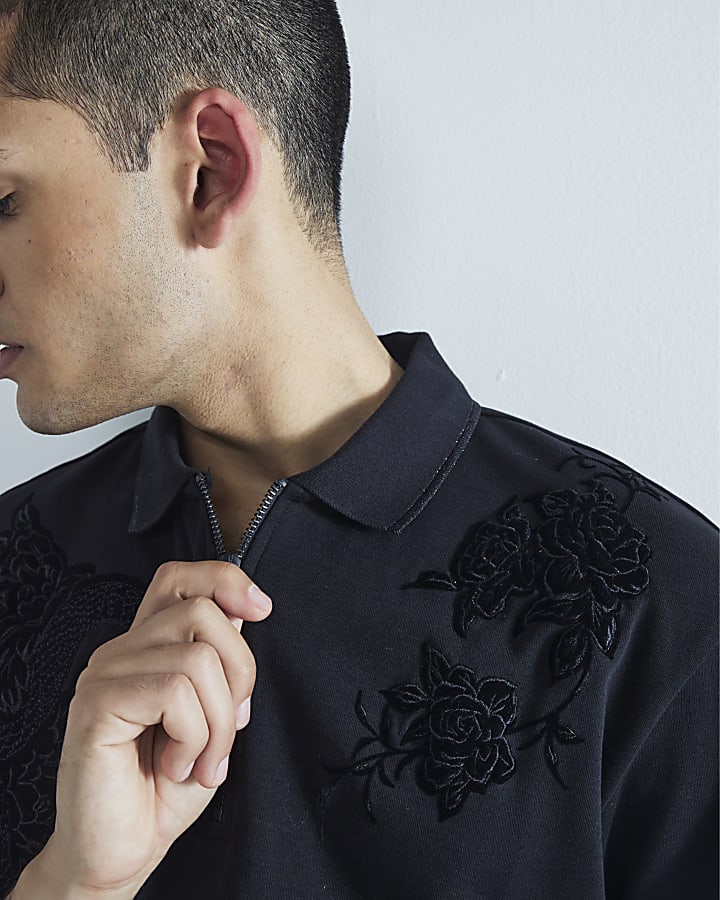 Black Slim Fit Snake Embroidery Polo Shirt