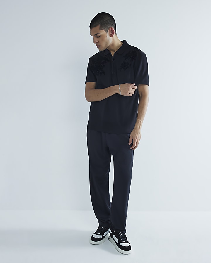 Black Slim Fit Snake Embroidery Polo Shirt