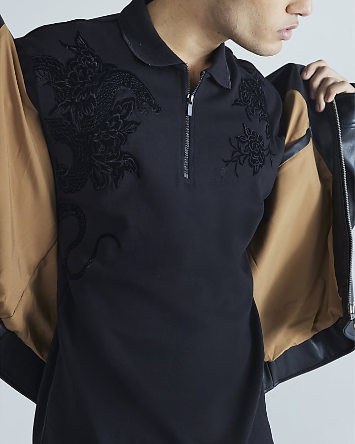 Black Slim Fit Snake Embroidery Polo Shirt