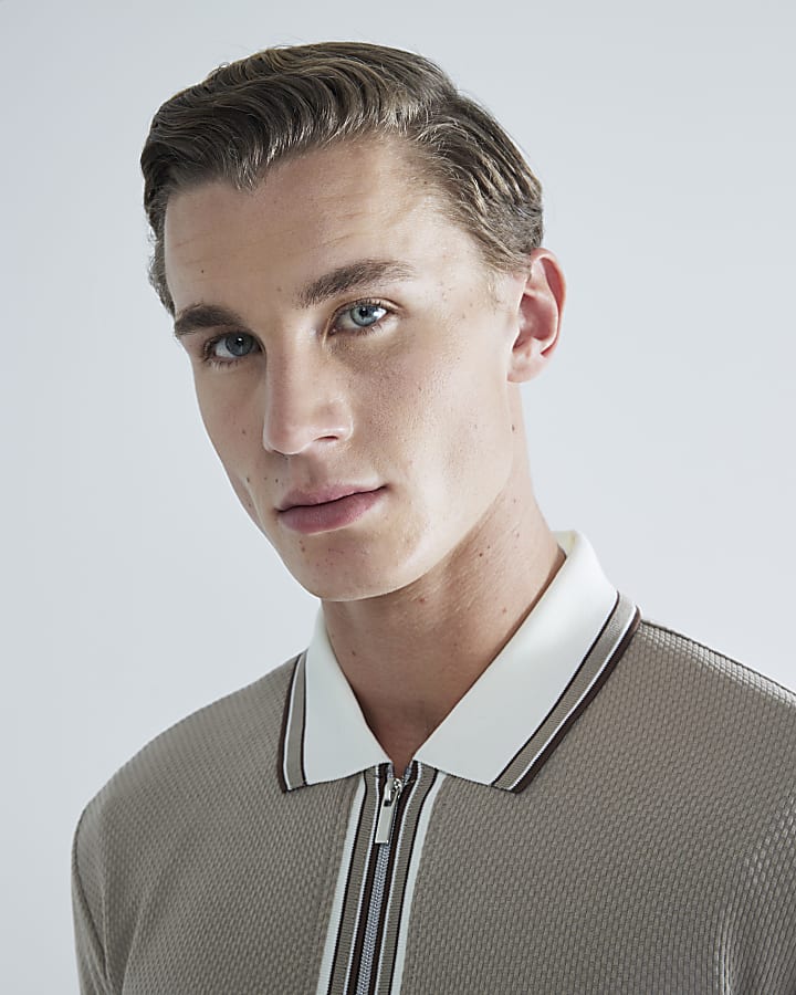 Beige Slim Fit Tipped Zip Through Polo Shirt