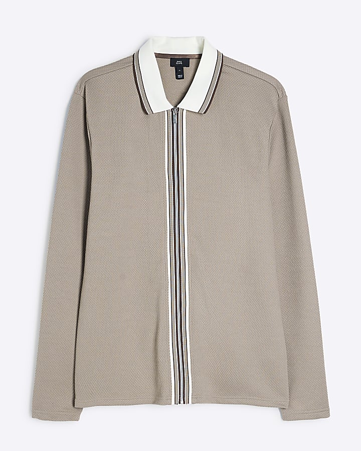 Beige Slim Fit Tipped Zip Through Polo Shirt