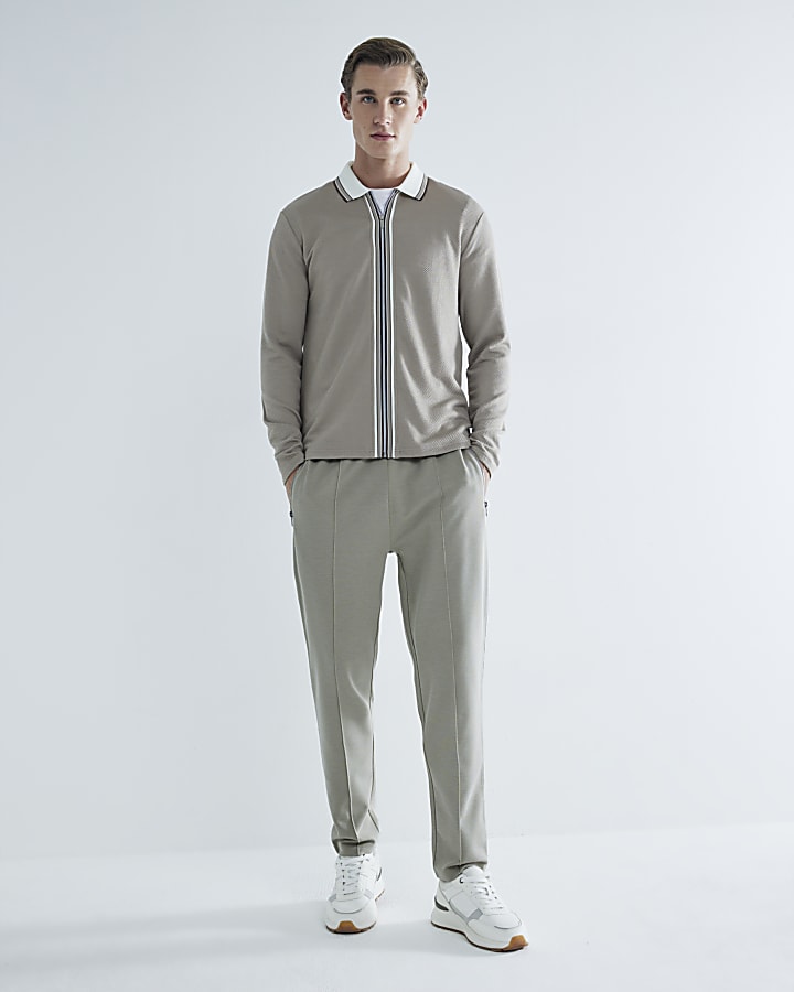 Beige Slim Fit Tipped Zip Through Polo Shirt