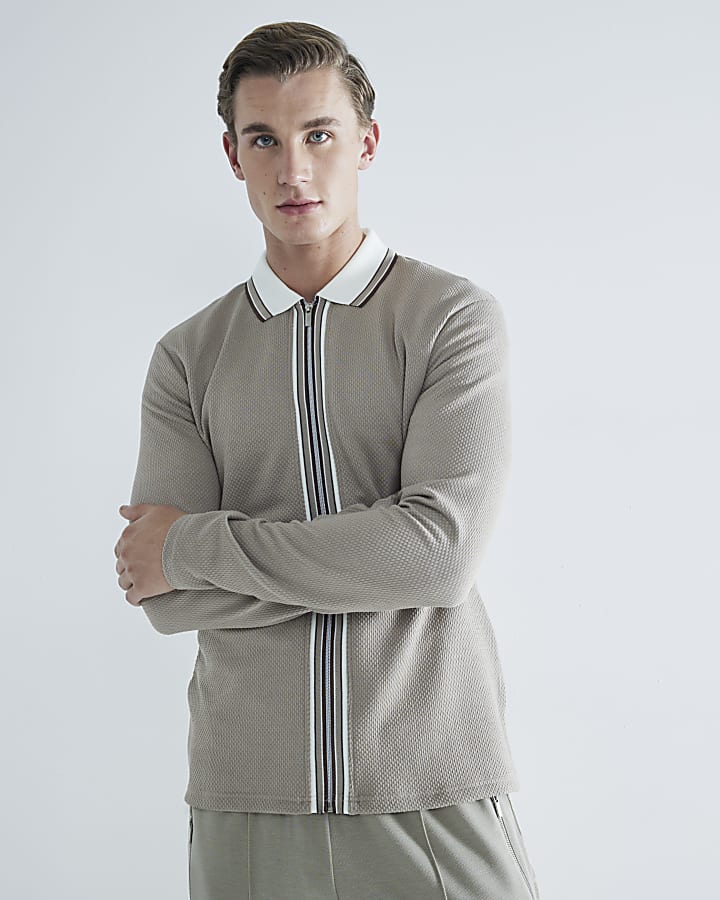 Beige Slim Fit Tipped Zip Through Polo Shirt