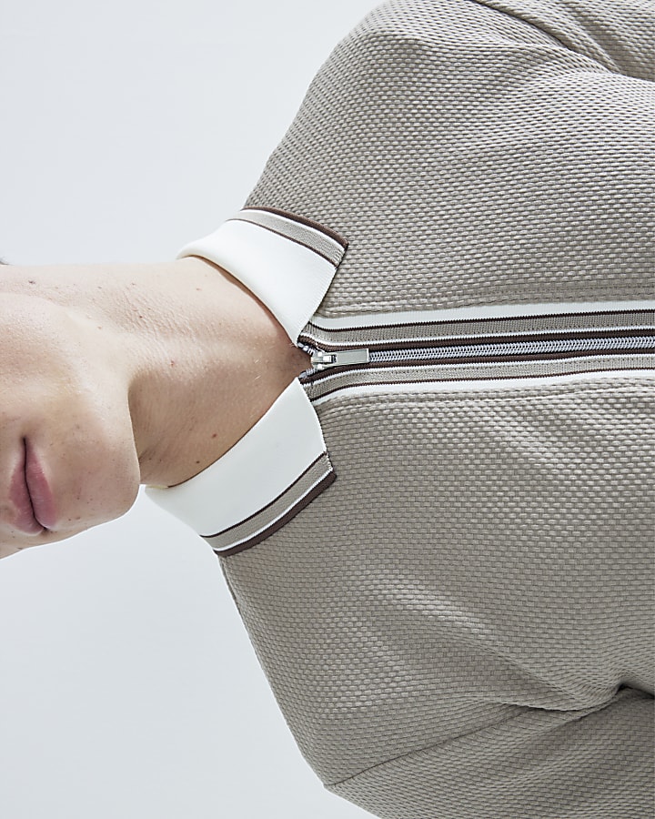 Beige Slim Fit Tipped Zip Through Polo Shirt