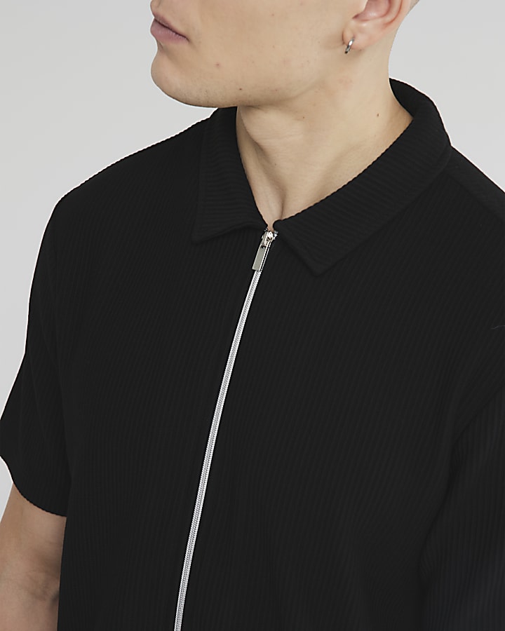 Black Slim Fit Smart Zip Through Polo Shirt