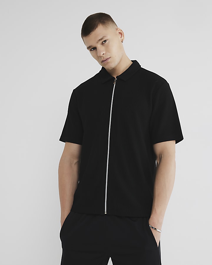 Black Slim Fit Smart Zip Through Polo Shirt