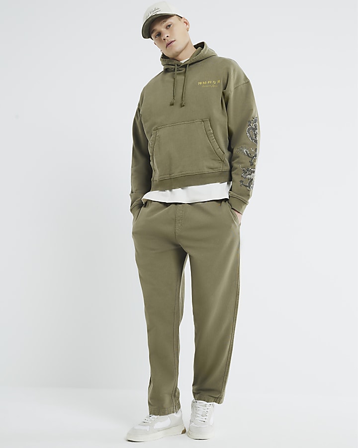 Khaki Regular Fit Long Sleeve Dragon Hoodie