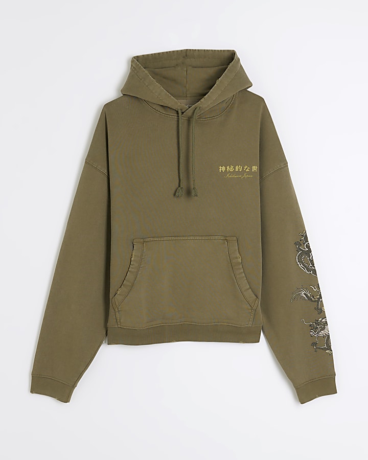 Khaki Regular Fit Long Sleeve Dragon Hoodie