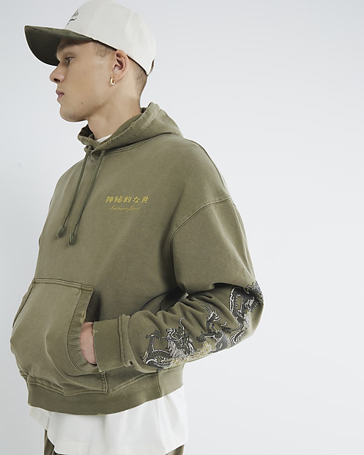 Khaki Regular Fit Long Sleeve Dragon Hoodie