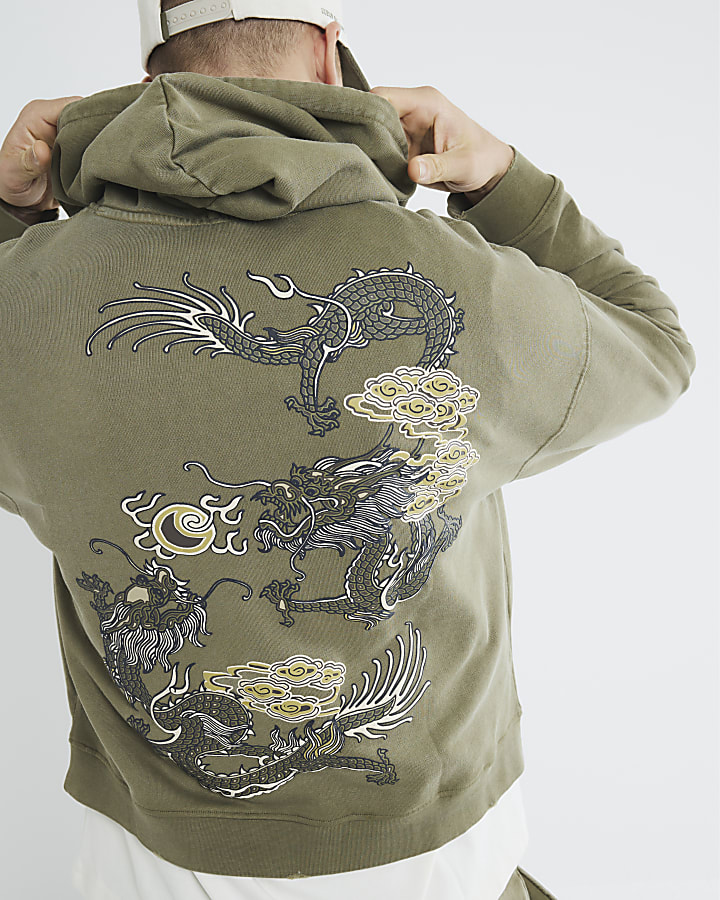 Khaki Regular Fit Long Sleeve Dragon Hoodie