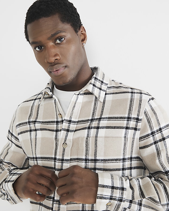 Beige Long Sleeve Check Shirt
