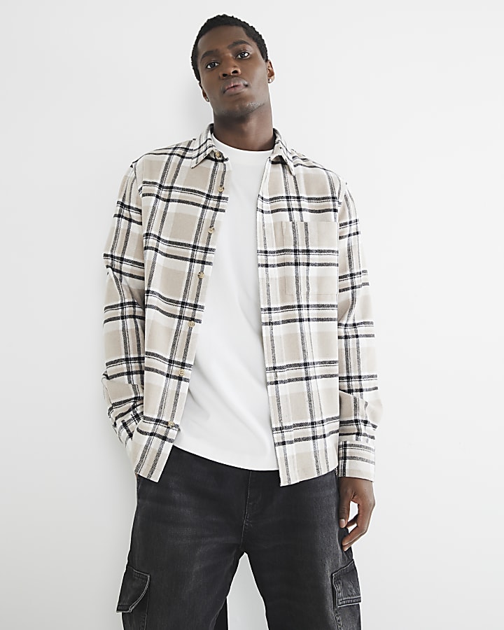 Beige Long Sleeve Check Shirt