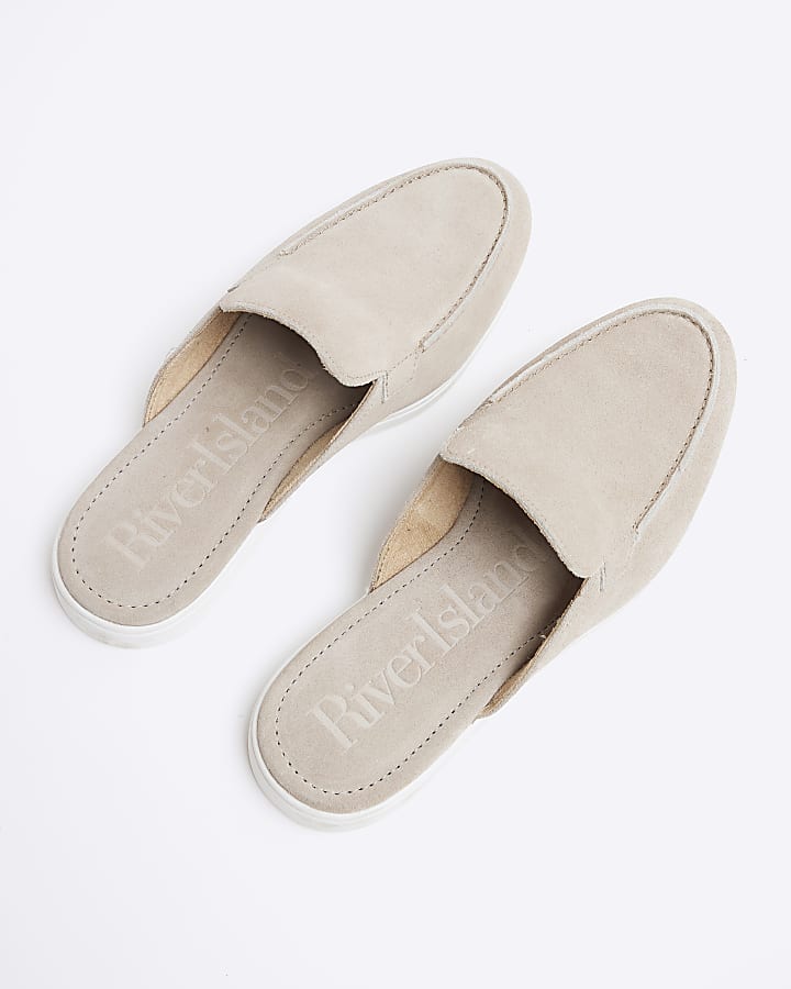 Grey Suede Backless Mule Loafers