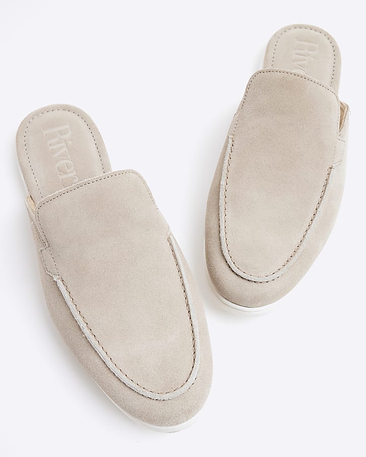 Grey Suede Backless Mule Loafers