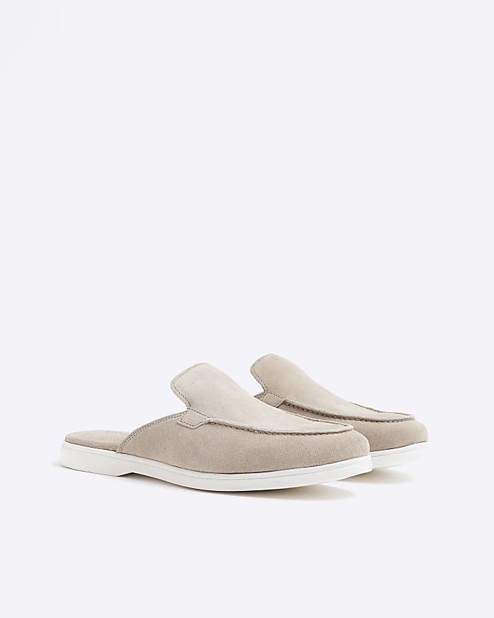 Grey Suede Backless Mule Loafers