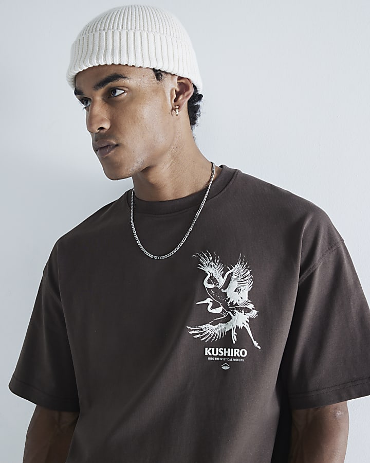 Brown Short Sleeve Kurisho Crane TShirt River Island