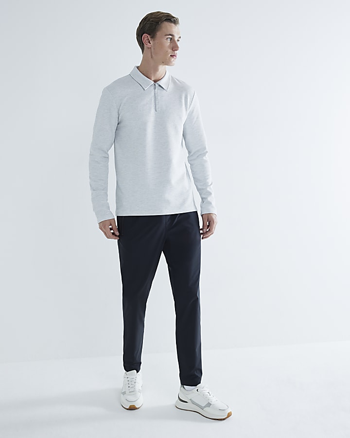 Grey Slim Fit Long Sleeve Smart Polo Shirt