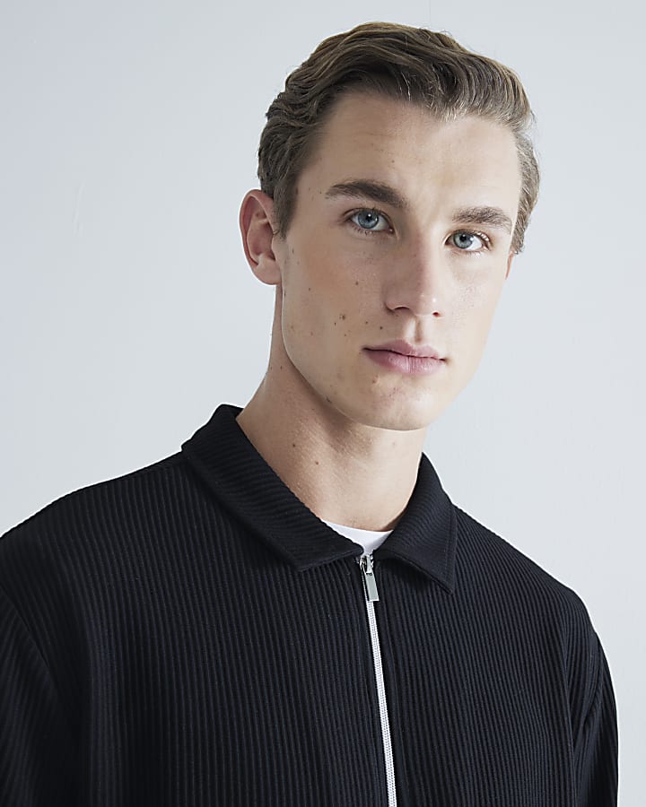 Black Slim Fit Ottoman Zip Through Shirt