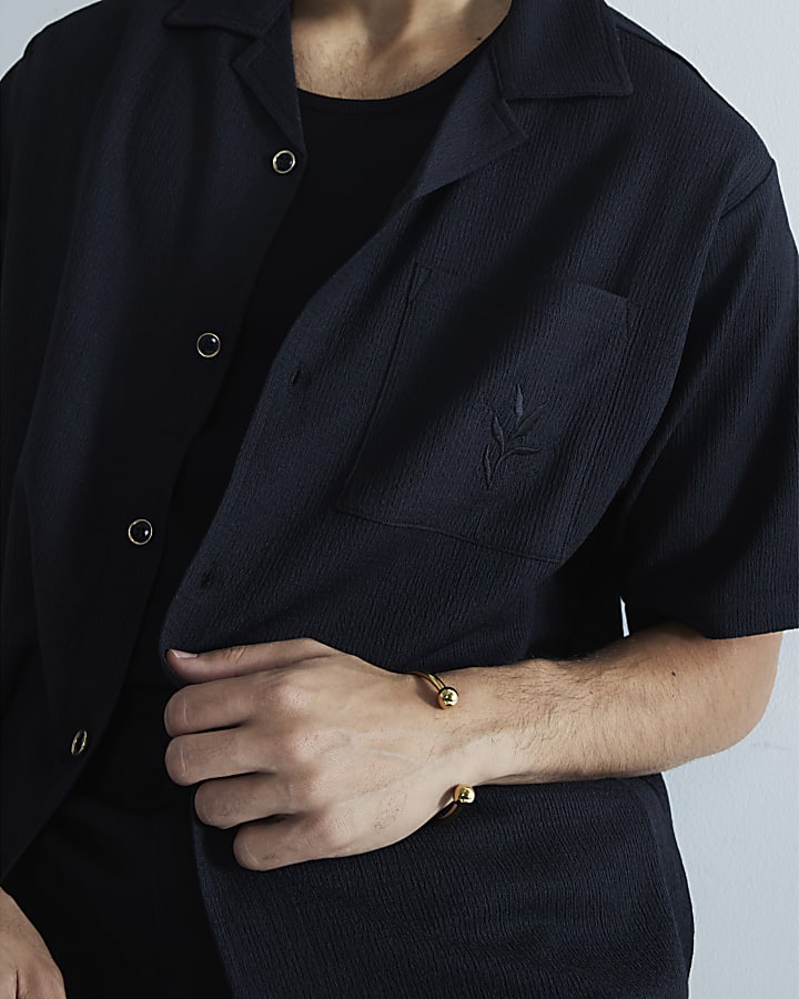 Black Regular Fit Embroidery Revere Shirt