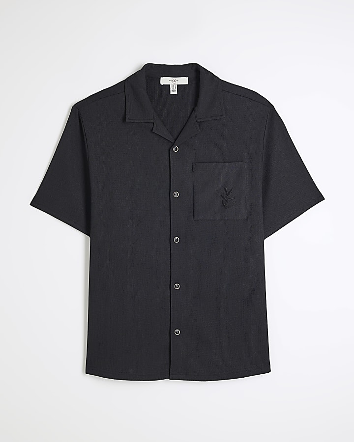 Black Regular Fit Embroidery Revere Shirt