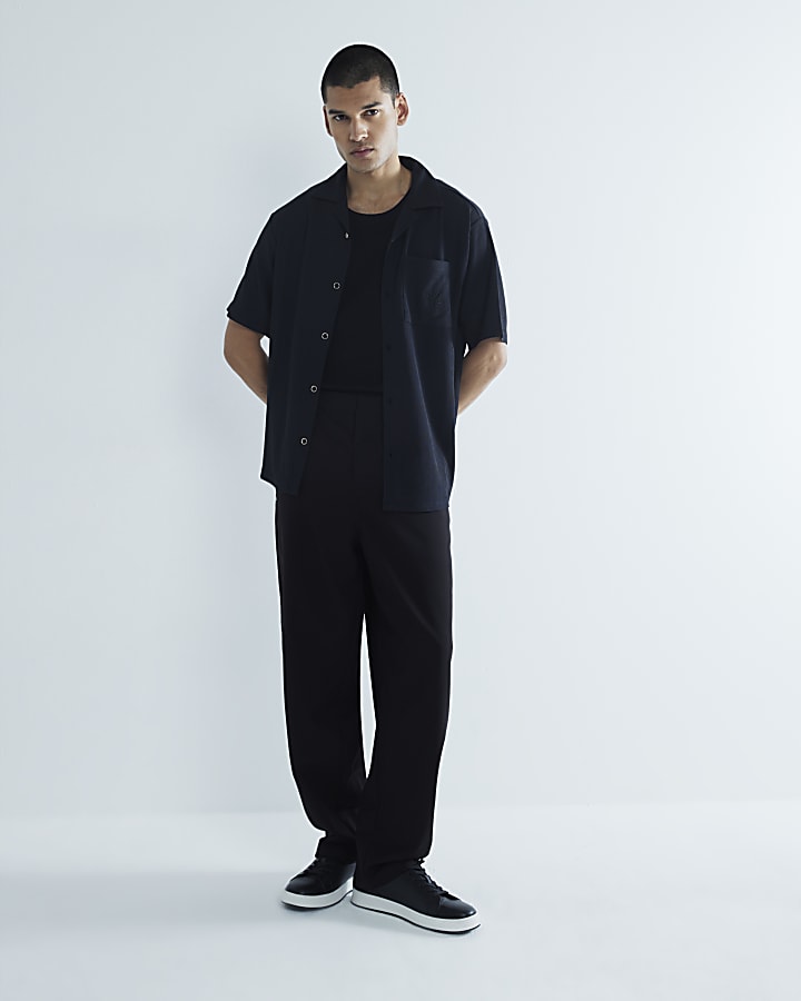 Black Regular Fit Embroidery Revere Shirt