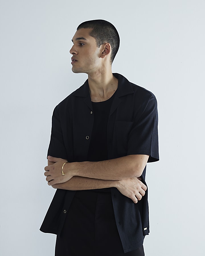 Black Regular Fit Embroidery Revere Shirt