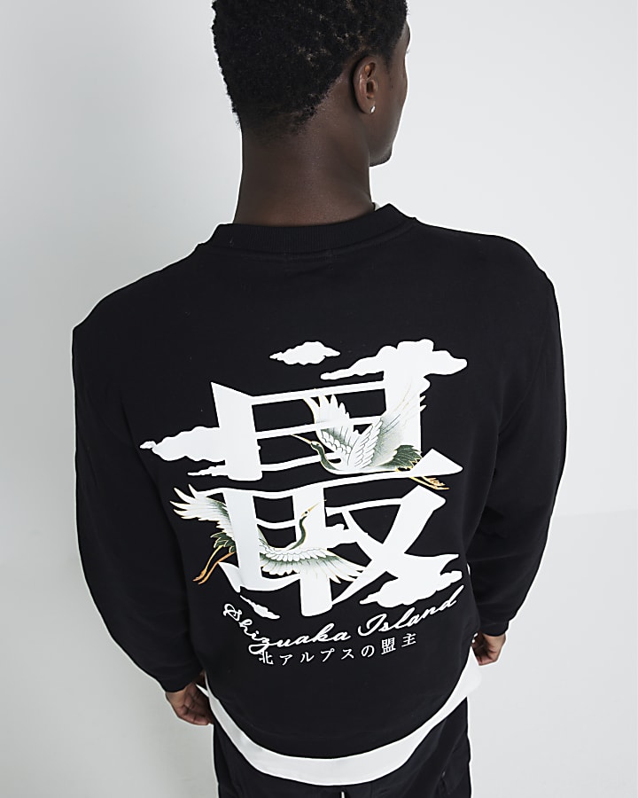 Black regular fit japanese graphic Sweatshirt