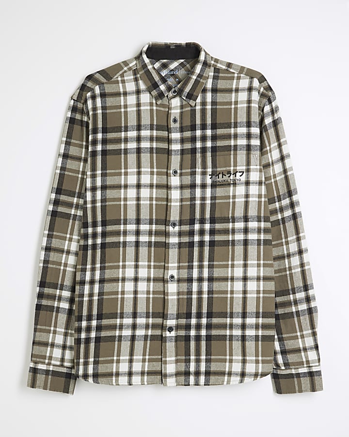 Khaki Long Sleeved Flannel Checked Shirt