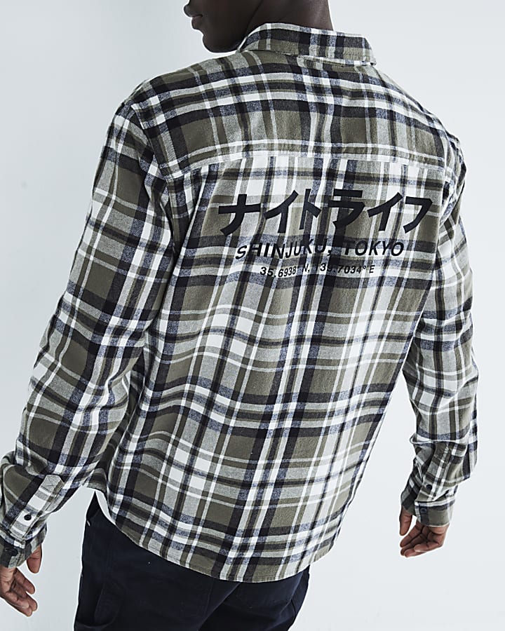 Khaki Long Sleeved Flannel Checked Shirt