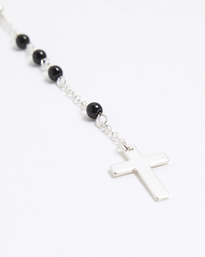 Silver Rosery Bead Saint Cross Necklace
