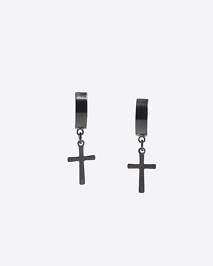 Black Cross Drop Hoop Earrings