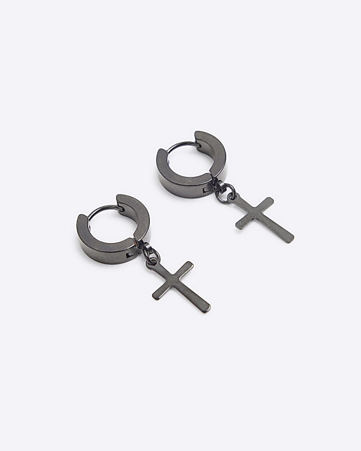 Black Cross Drop Hoop Earrings