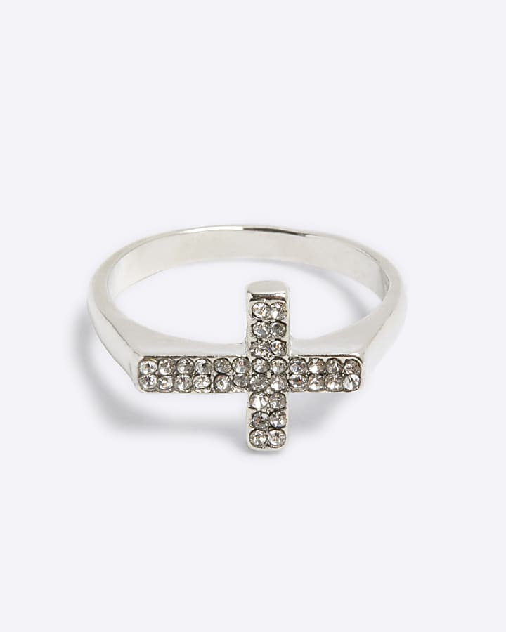 Silver Rhinestone Cross Ring