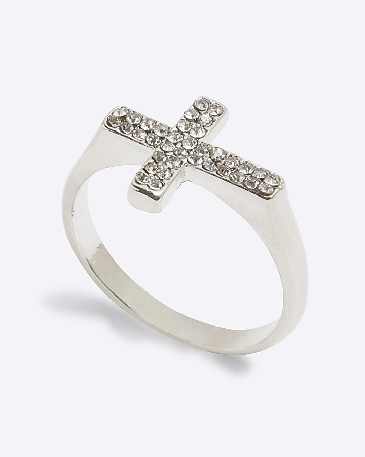 Silver Rhinestone Cross Ring