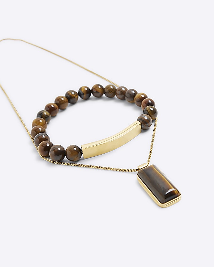 Brown Natural Stone Necklace And Bracelet Set
