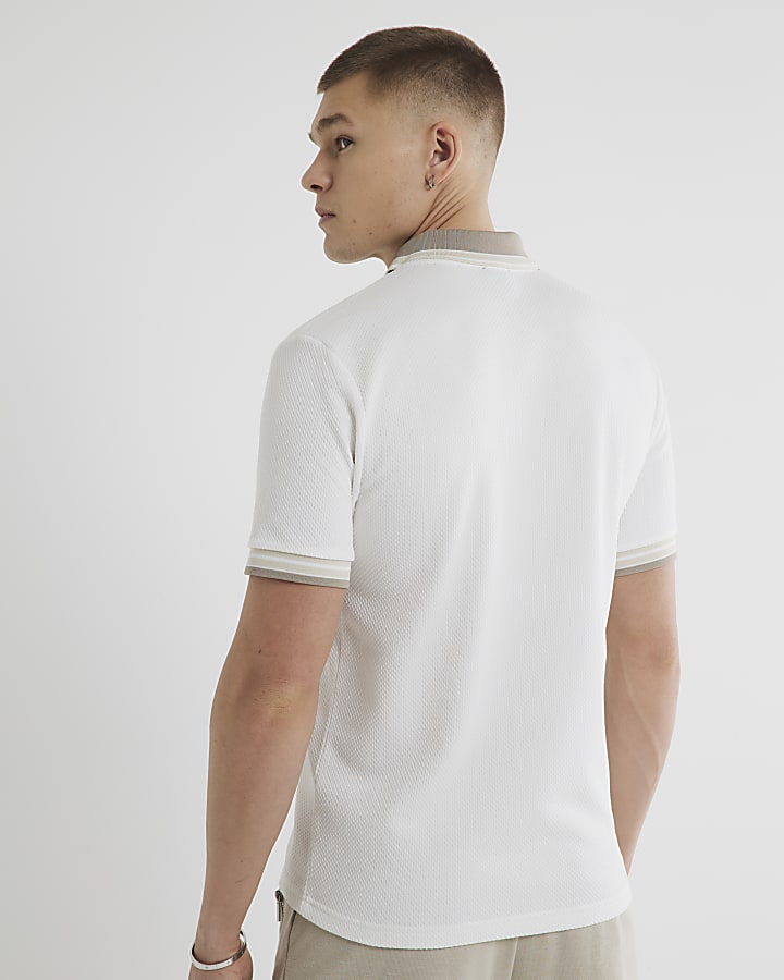 White Slim Fit Tipped Zip Through Polo Shirt