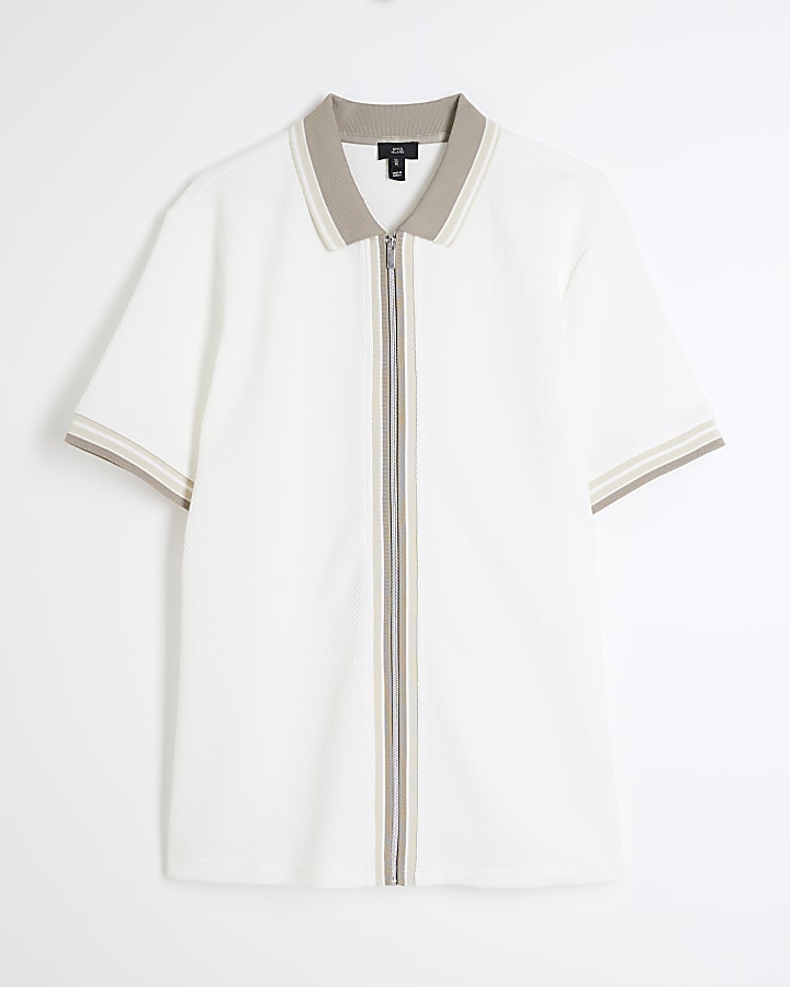 White Slim Fit Tipped Zip Through Polo Shirt