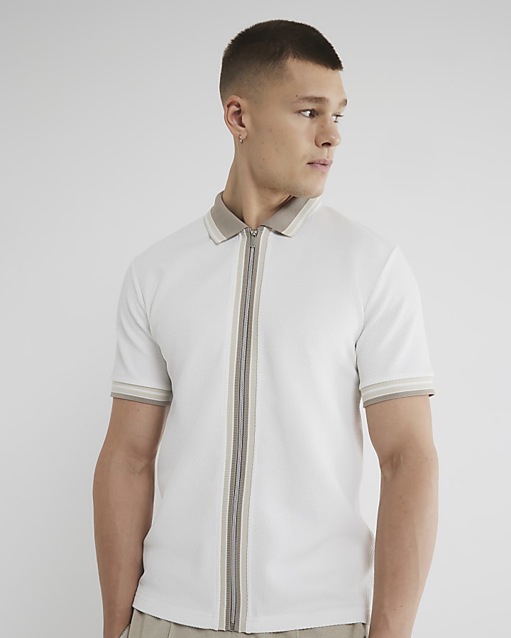 White Slim Fit Tipped Zip Through Polo Shirt