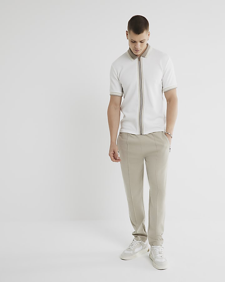 White Slim Fit Tipped Zip Through Polo Shirt