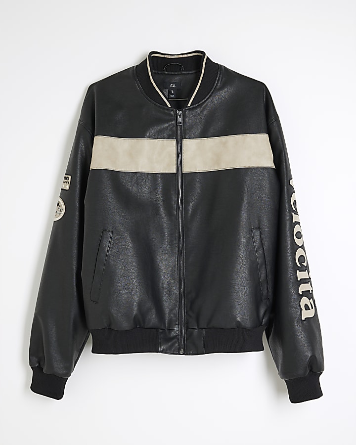 Black Faux Leather Bomber Jacket