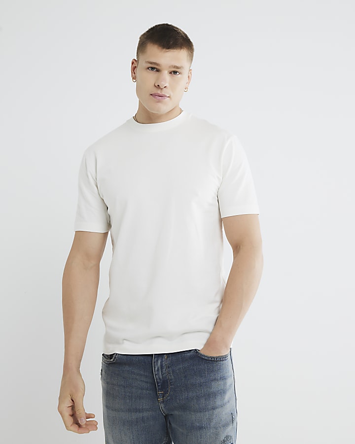 Beige Slim Fit Short Sleeve Twill T-Shirt