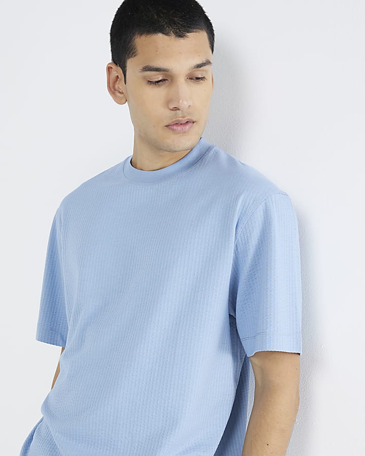 Blue Regular Fit Seersucker T-Shirt